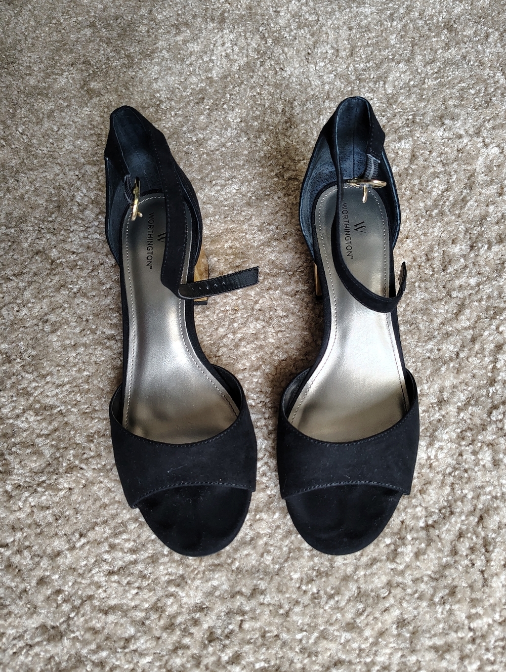 Black Faux Suede Ankle-Strap Sandals with Gold Block Heel